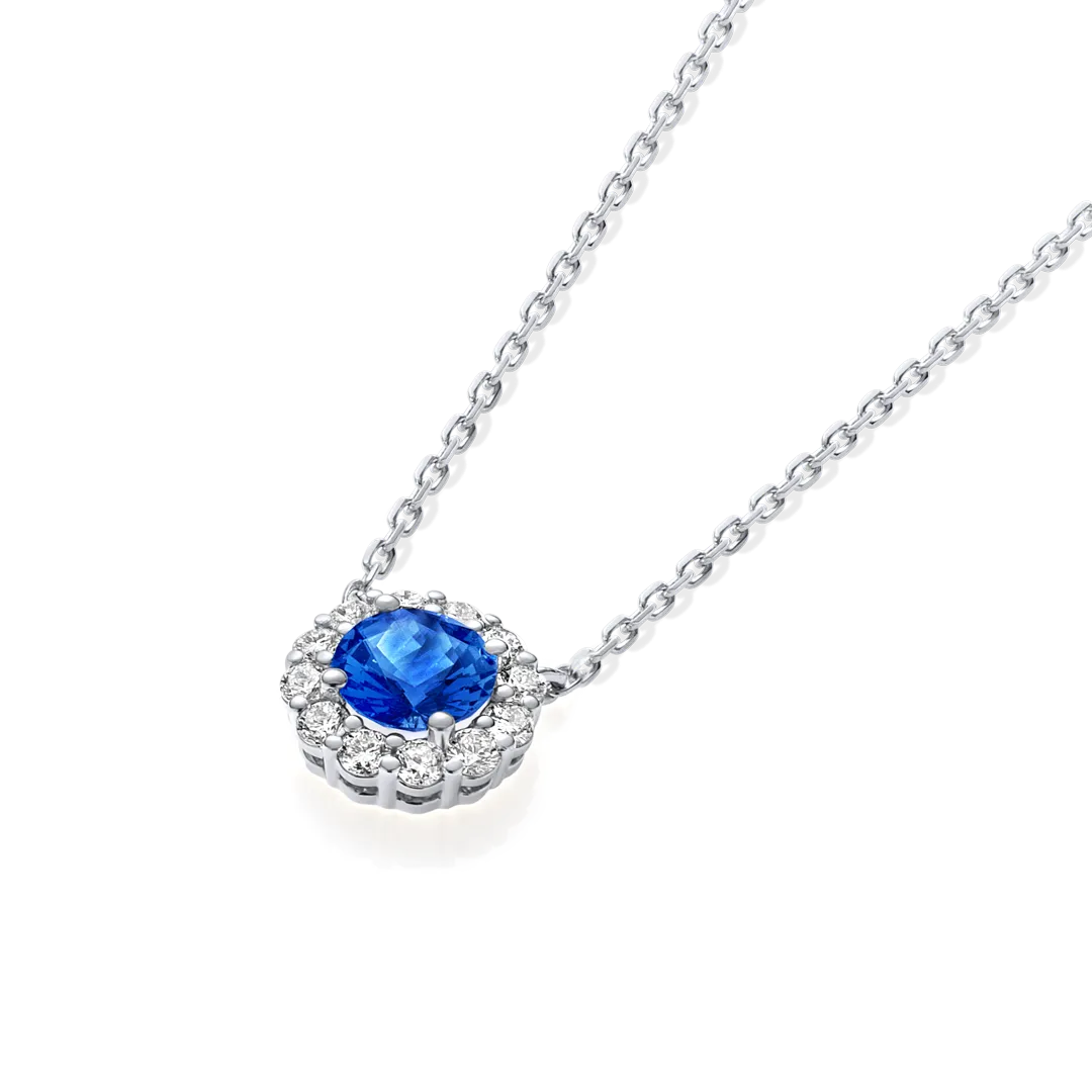 0.5CT ROUND BLUE SAPPHIRE HALO PENDANT WHITE GOLD