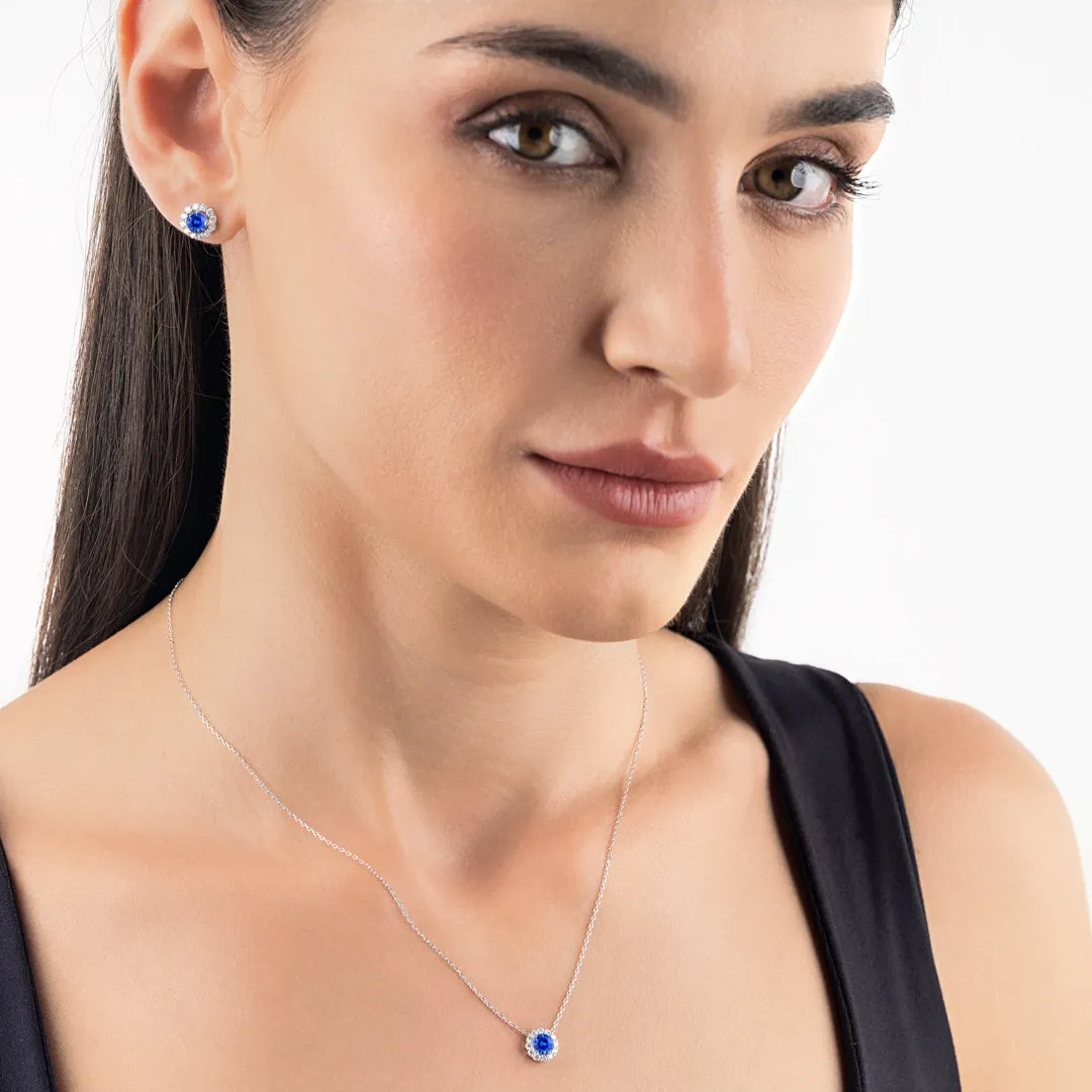 0.5CT ROUND BLUE SAPPHIRE HALO PENDANT WHITE GOLD