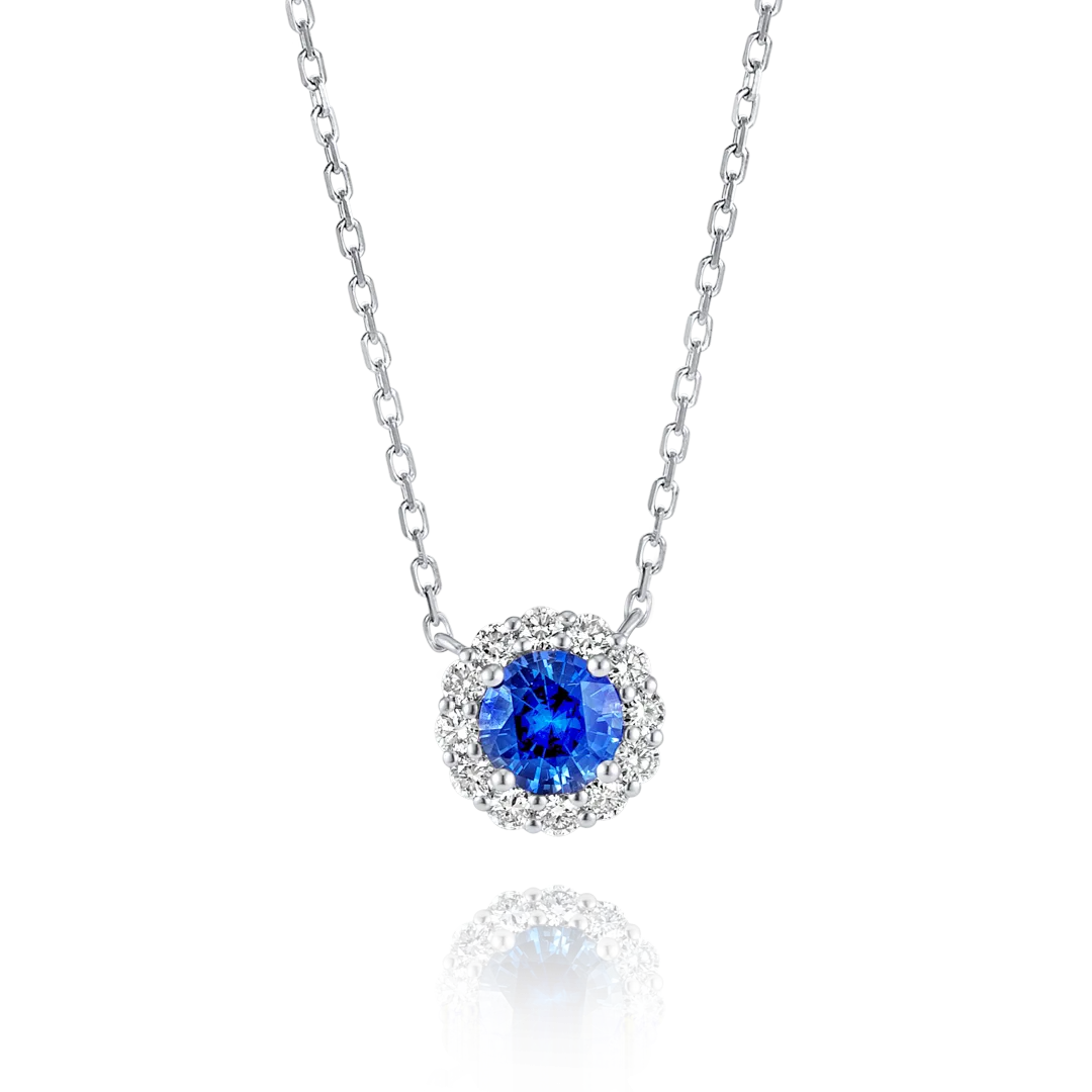 0.5CT ROUND BLUE SAPPHIRE HALO PENDANT WHITE GOLD