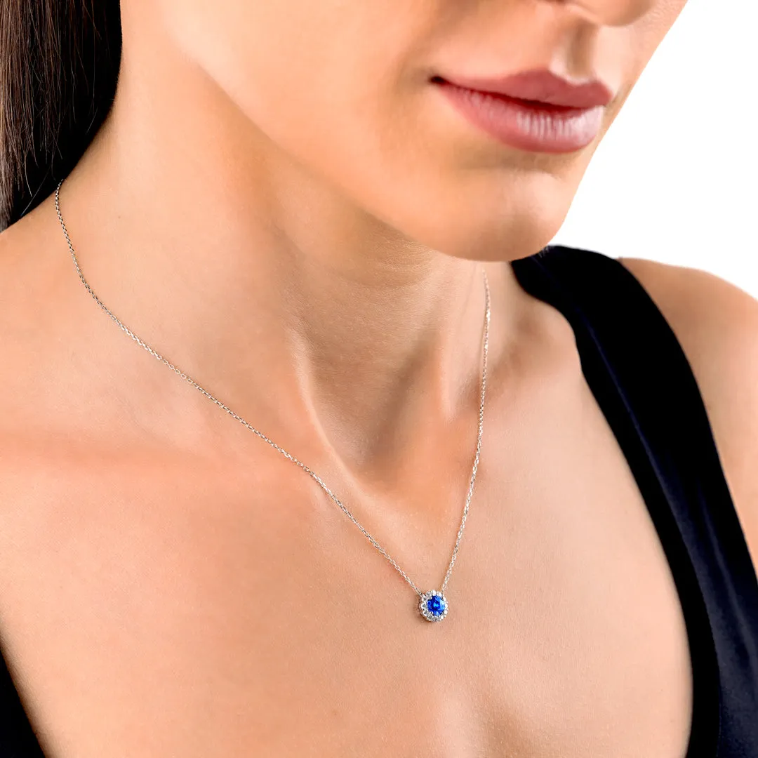 0.5CT ROUND BLUE SAPPHIRE HALO PENDANT WHITE GOLD