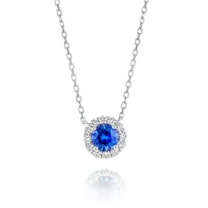0.5CT ROUND BLUE SAPPHIRE HALO PENDANT WHITE GOLD
