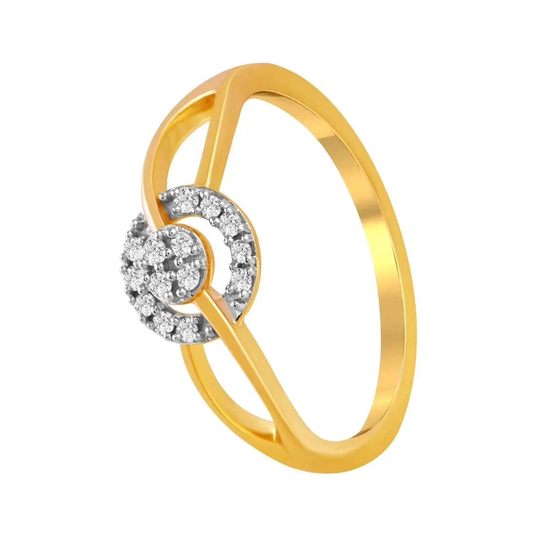 14K Gold Ring With A Curved Design And A Diamond Studded Circular Cluster Set On The Band