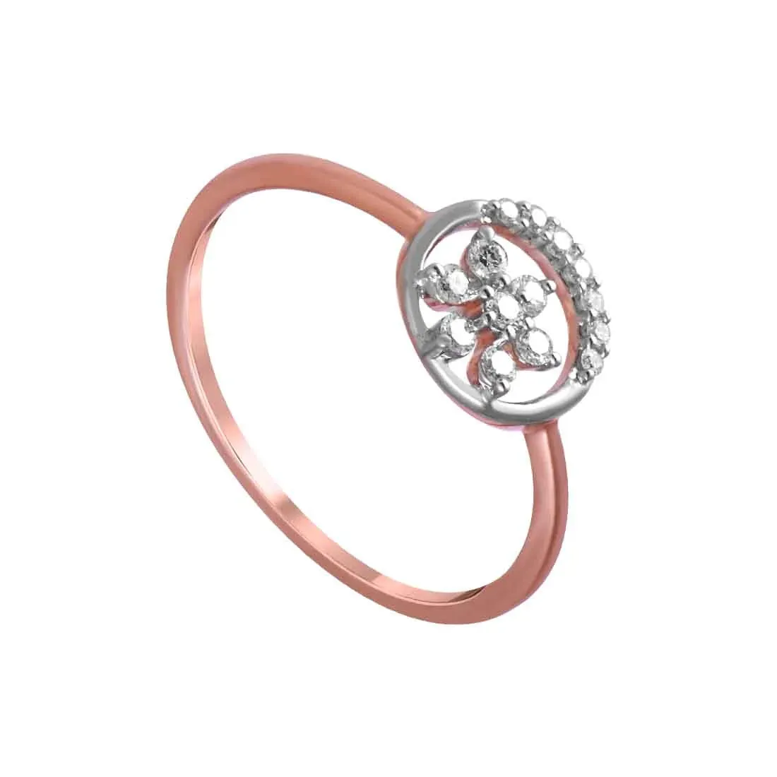 14K Rose Gold Ring Featuring A Circular Design And A Flower In The Centre