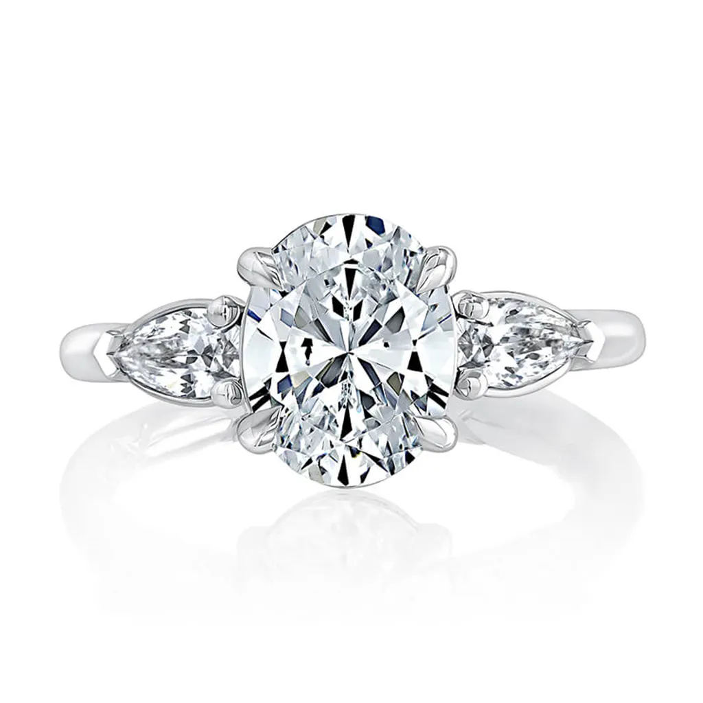14K White Gold Three Stone Oval Natural Diamonds Engagement Ring