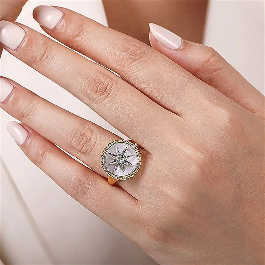 14K Yellow Gold Mother Of Pearl Inlay And Diamond Starburst Signet Ring