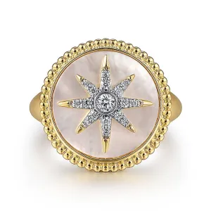 14K Yellow Gold Mother Of Pearl Inlay And Diamond Starburst Signet Ring