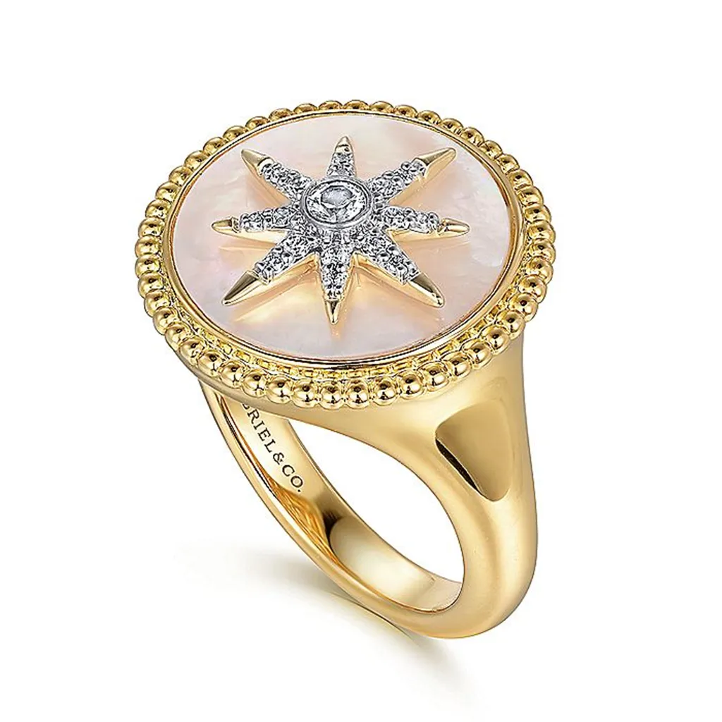 14K Yellow Gold Mother Of Pearl Inlay And Diamond Starburst Signet Ring
