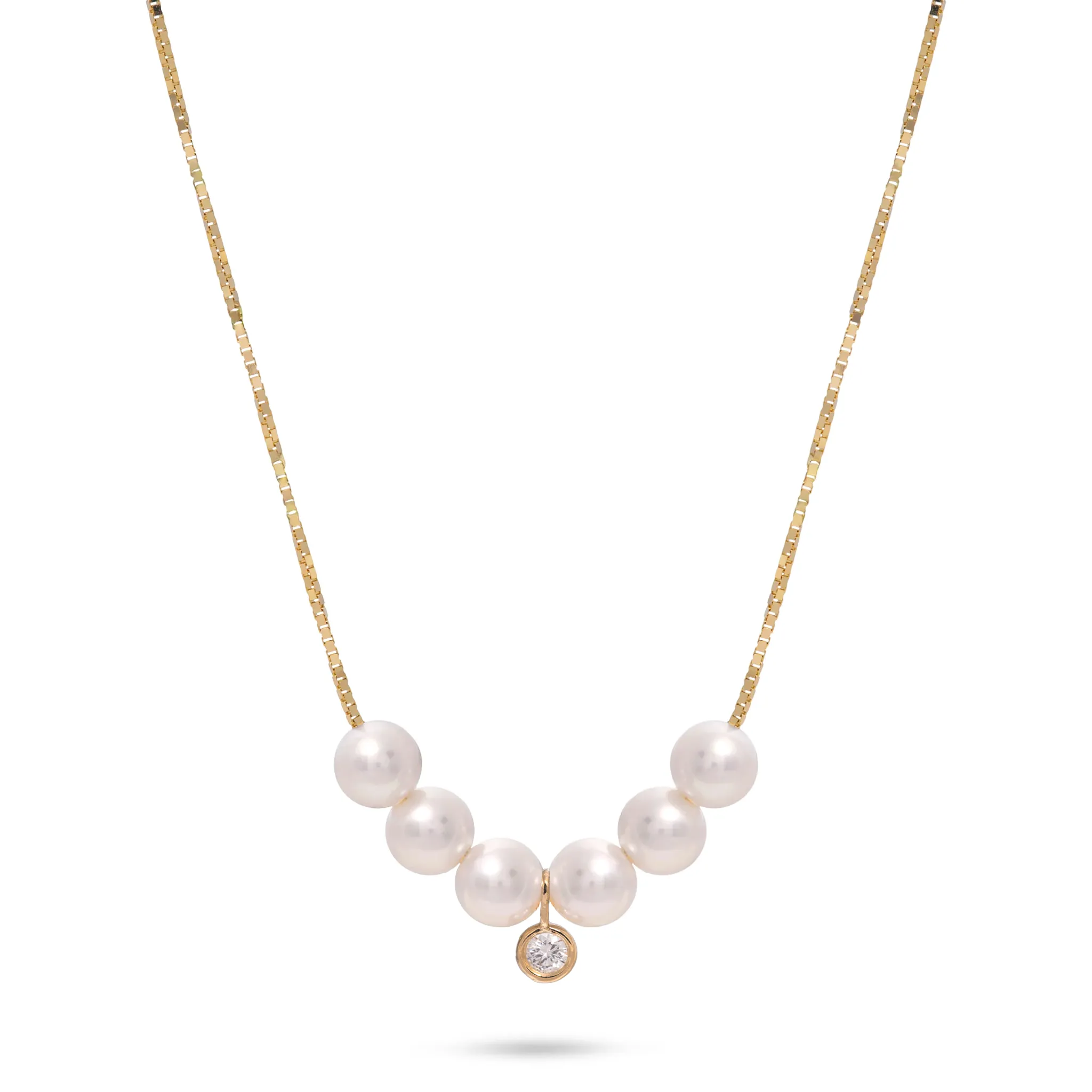 16-18" Adjustable Akoya White Pearl Necklace in Gold with Diamond - 4.5-5mm
