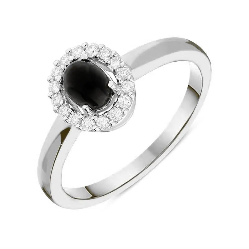 18ct White Gold Whitby Jet 0.12ct Diamond Oval Cluster Ring