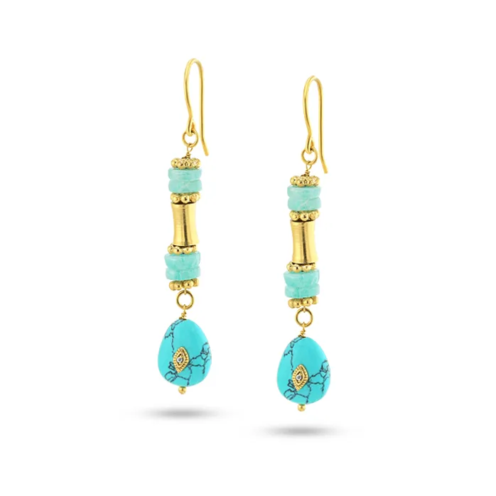 18k yellow gold earrings assembled with Turquoise, Amazonite and Zirconium Oxide