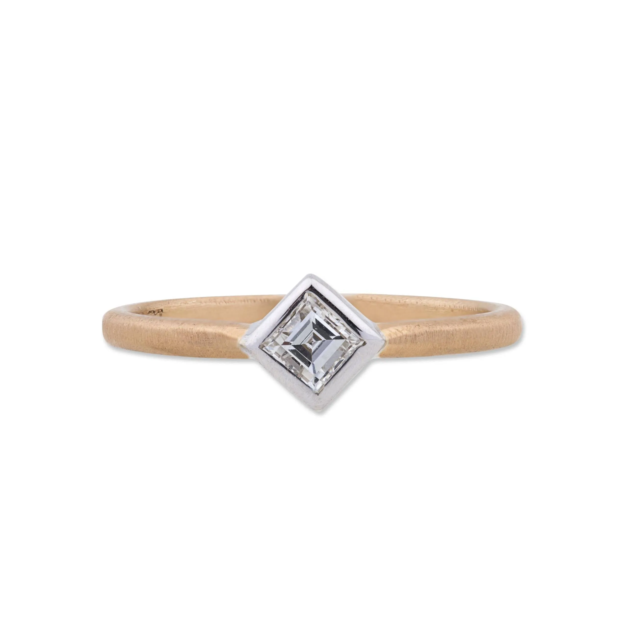 22K Rose Gold Peach Glow "Love" Stacking Ring With Square Emerald Cut Diamond Set in 18K White Gold Bezel