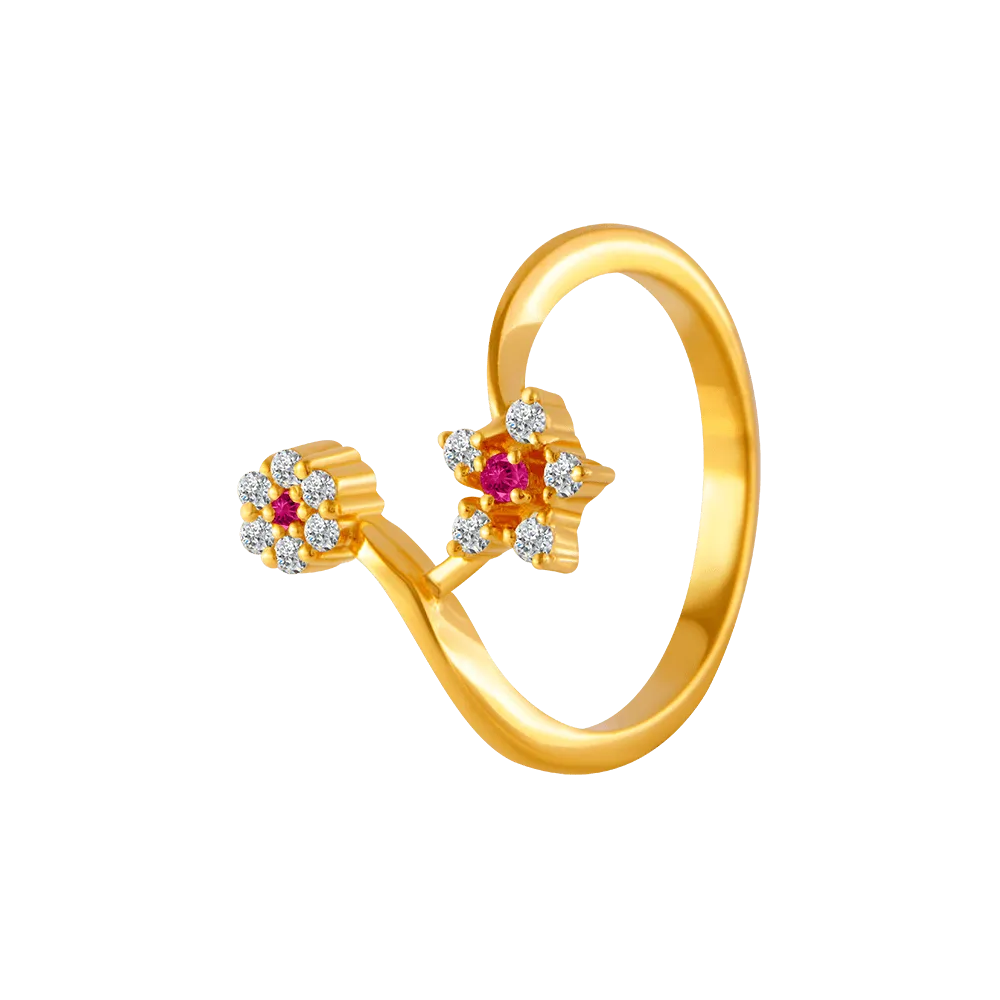 22KT Yellow Gold, American Diamond And Ruby Ring For Women