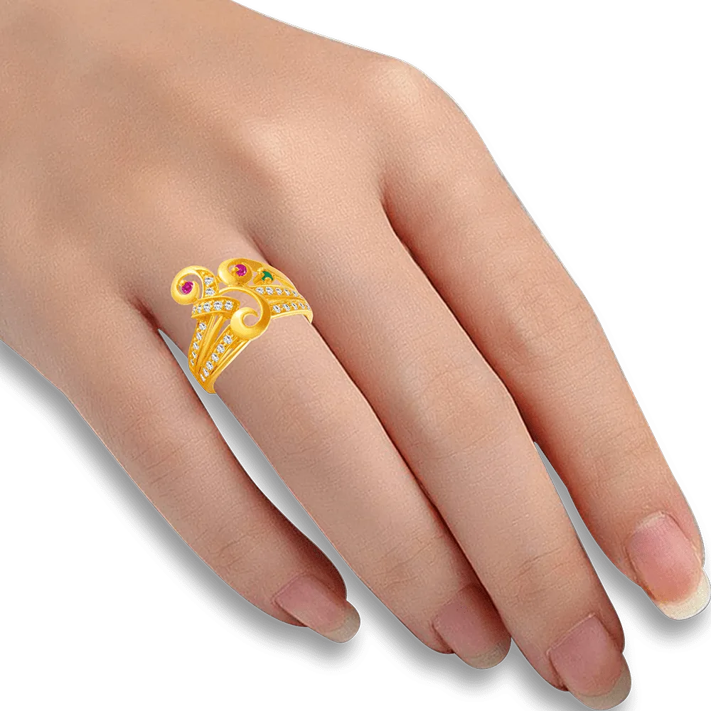 22KT Yellow Gold, American Diamond And Ruby Ring For Women