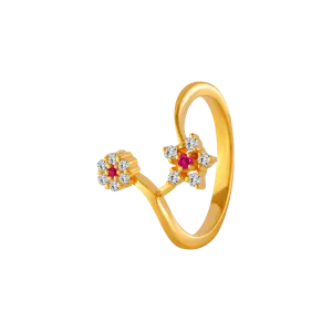 22KT Yellow Gold, American Diamond And Ruby Ring For Women