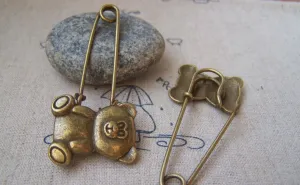 6 pcs Antique Bronze Bear Safety Pin Brooch Findings A3023