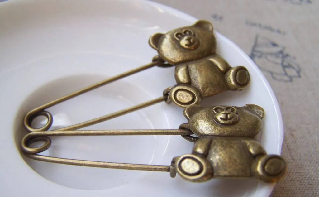 6 pcs Antique Bronze Bear Safety Pin Brooch Findings A3023