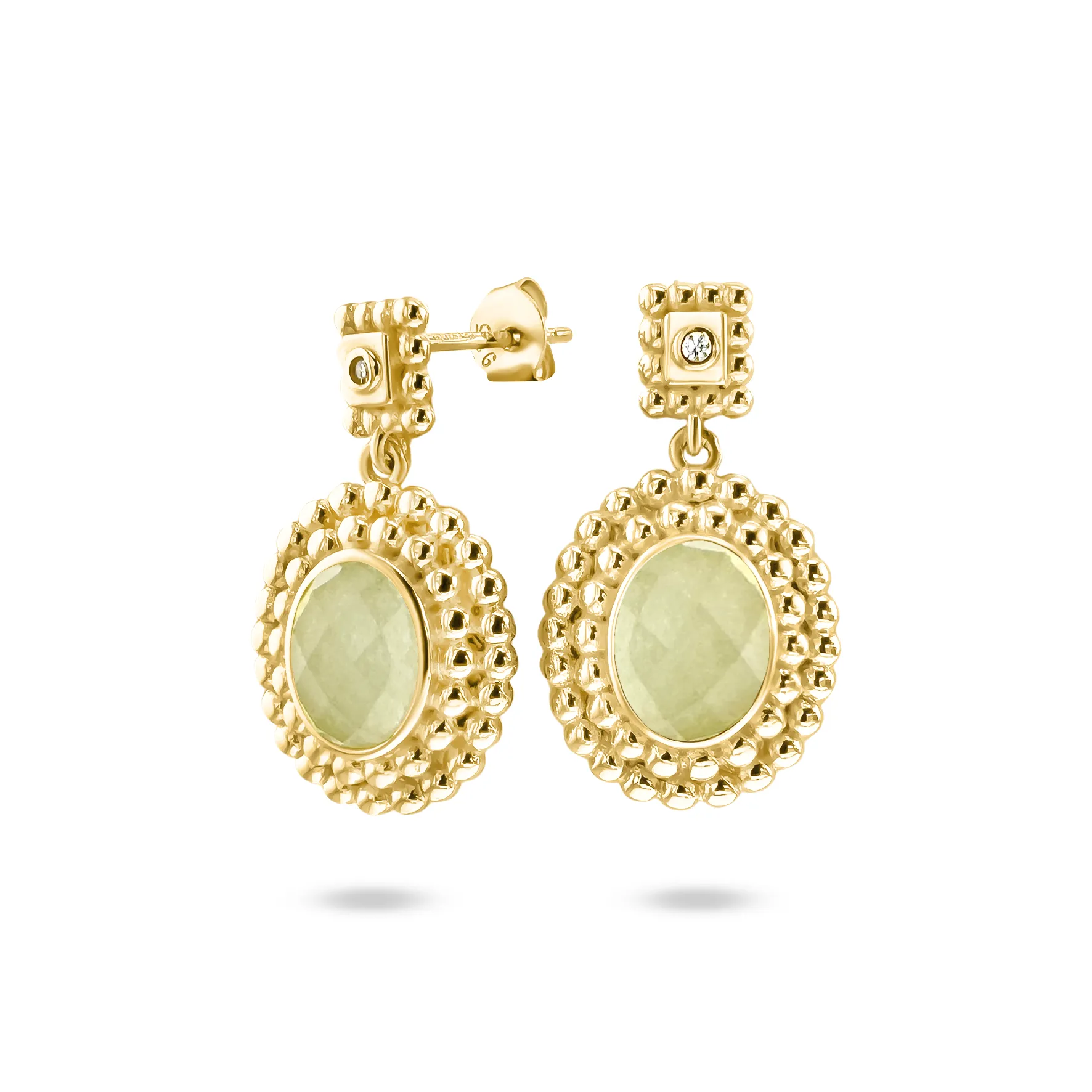 925 Silver earrings gilded with 18k yellow gold assembled with light green quartz and zirconium oxide