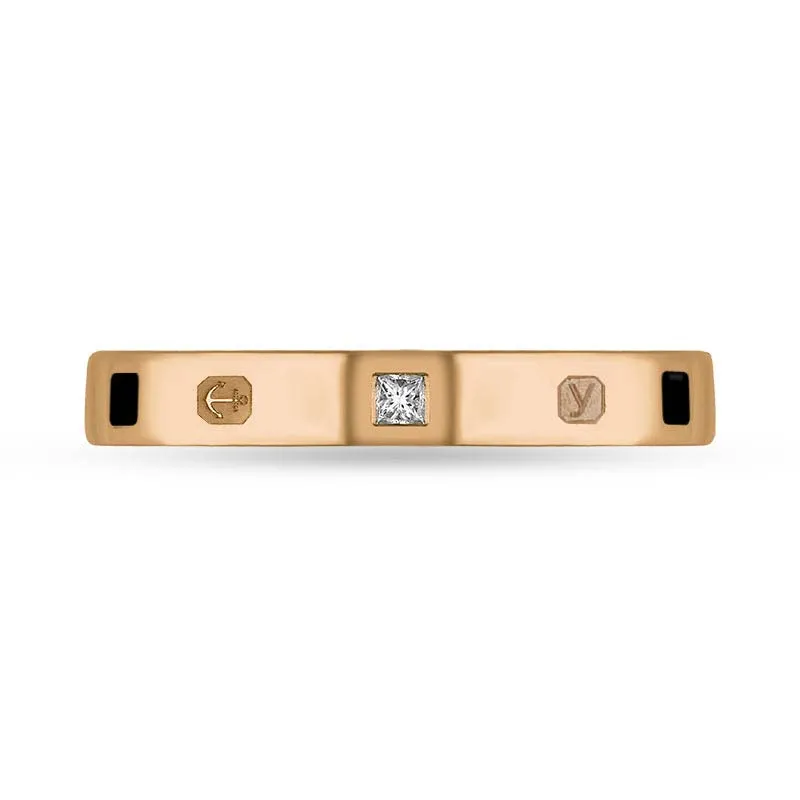 9ct Rose Gold 0.05ct Diamond Whitby Jet King's Coronation Hallmark Princess Cut 3mm Ring D