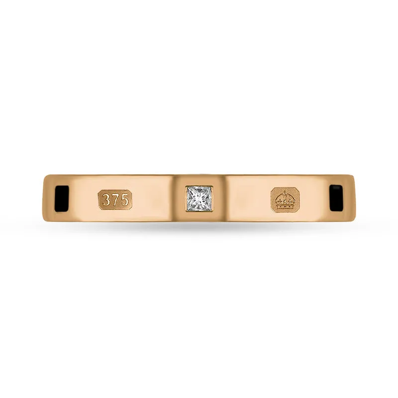 9ct Rose Gold 0.05ct Diamond Whitby Jet King's Coronation Hallmark Princess Cut 3mm Ring D