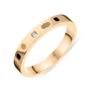 9ct Rose Gold 0.05ct Diamond Whitby Jet King's Coronation Hallmark Princess Cut 3mm Ring D