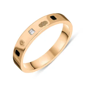 9ct Rose Gold 0.09ct Diamond Whitby Jet King's Coronation Hallmark Princess Cut 4mm Ring D