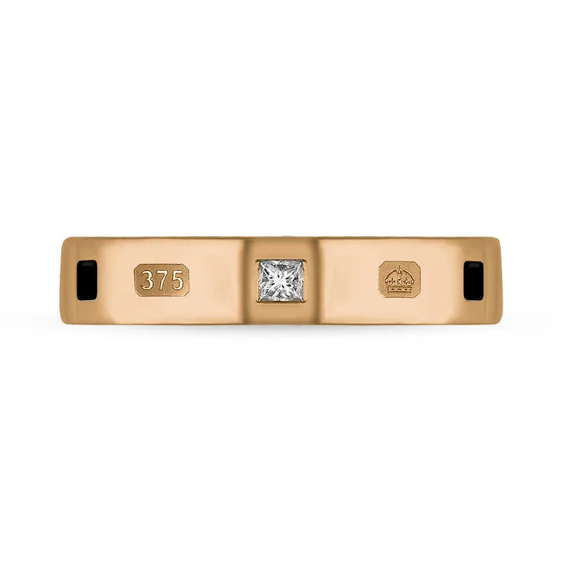 9ct Rose Gold 0.09ct Diamond Whitby Jet King's Coronation Hallmark Princess Cut 4mm Ring D