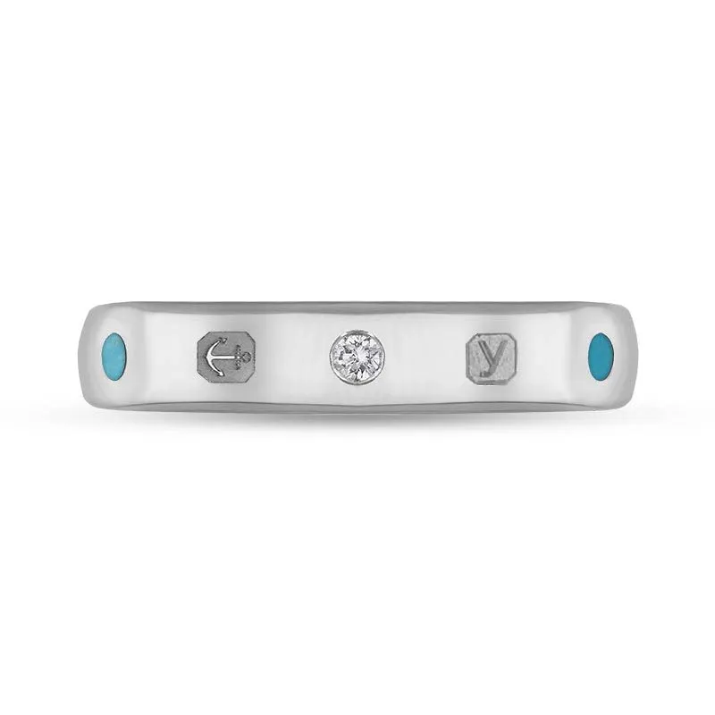9ct White Gold 0.08ct Diamond Turquoise King's Coronation Hallmark 4mm Ring D