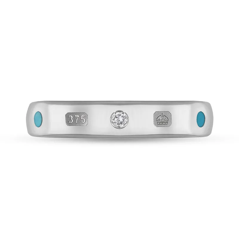 9ct White Gold 0.08ct Diamond Turquoise King's Coronation Hallmark 4mm Ring D