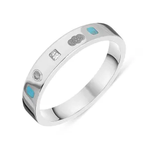9ct White Gold 0.09ct Diamond Turquoise King's Coronation Hallmark Princess Cut 4mm Ring D