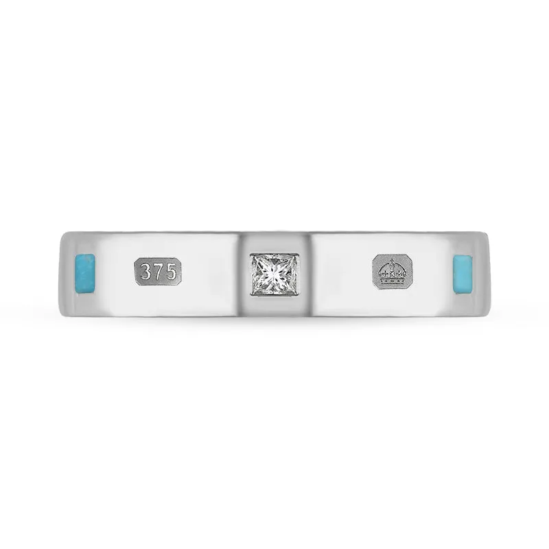 9ct White Gold 0.09ct Diamond Turquoise King's Coronation Hallmark Princess Cut 4mm Ring D