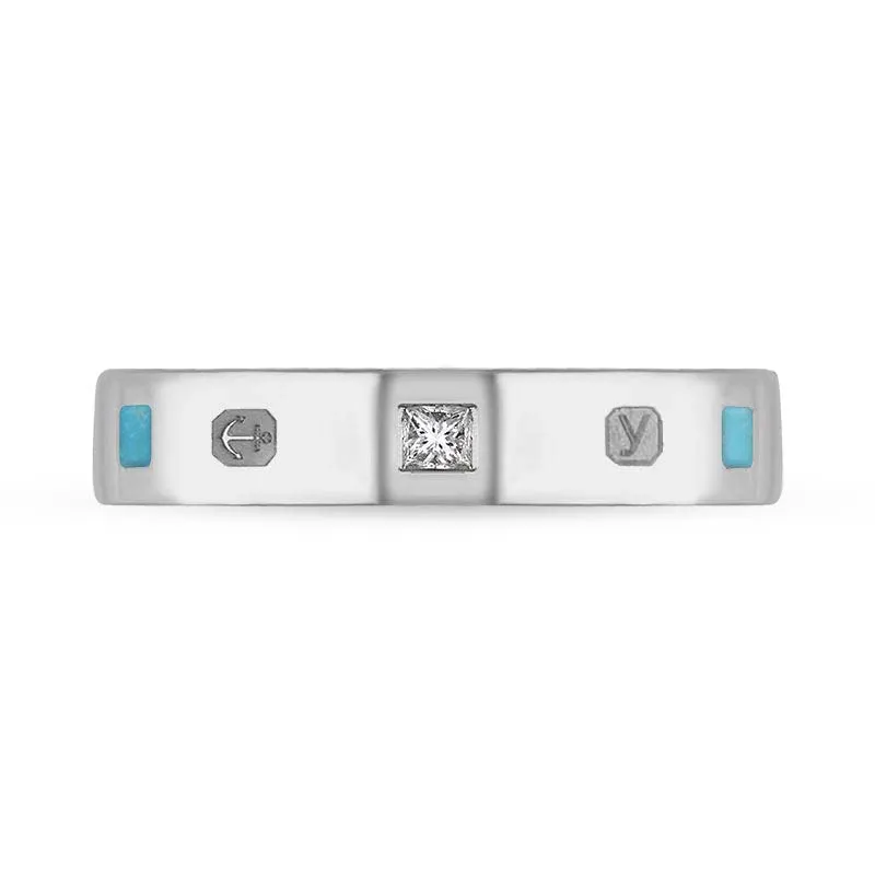 9ct White Gold 0.09ct Diamond Turquoise King's Coronation Hallmark Princess Cut 4mm Ring D