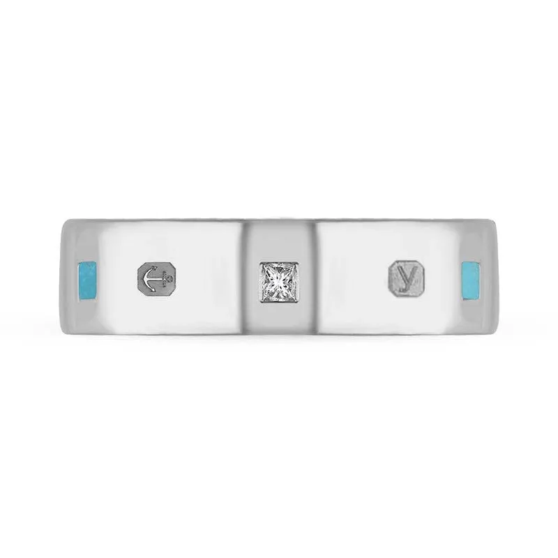 9ct White Gold 0.18ct Diamond Turquoise King's Coronation Hallmark Princess Cut 6mm Ring D