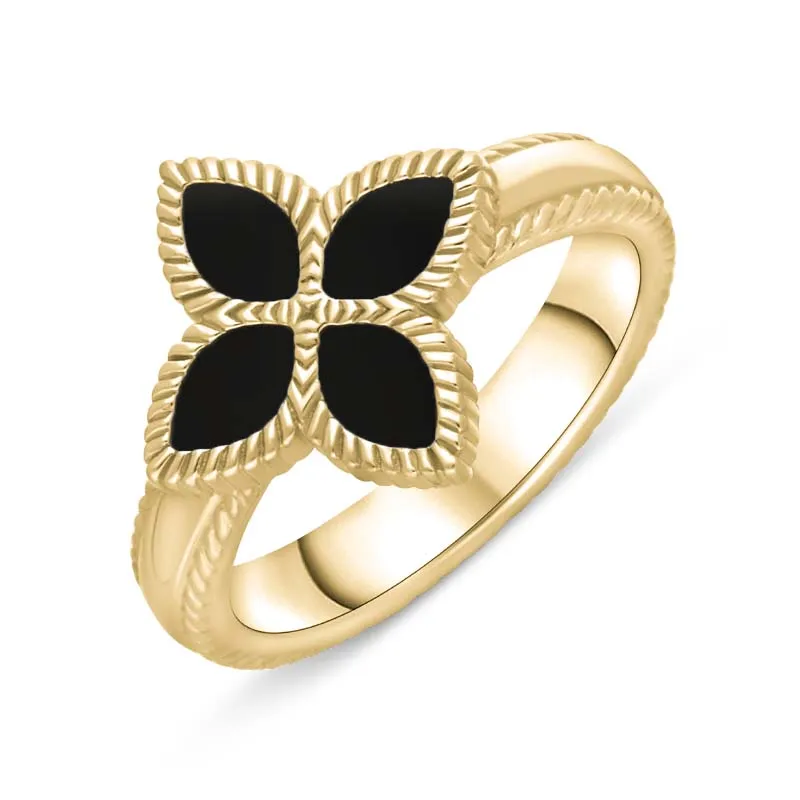 9ct Yellow Gold Whitby Jet Eden Marquise Flower Ring