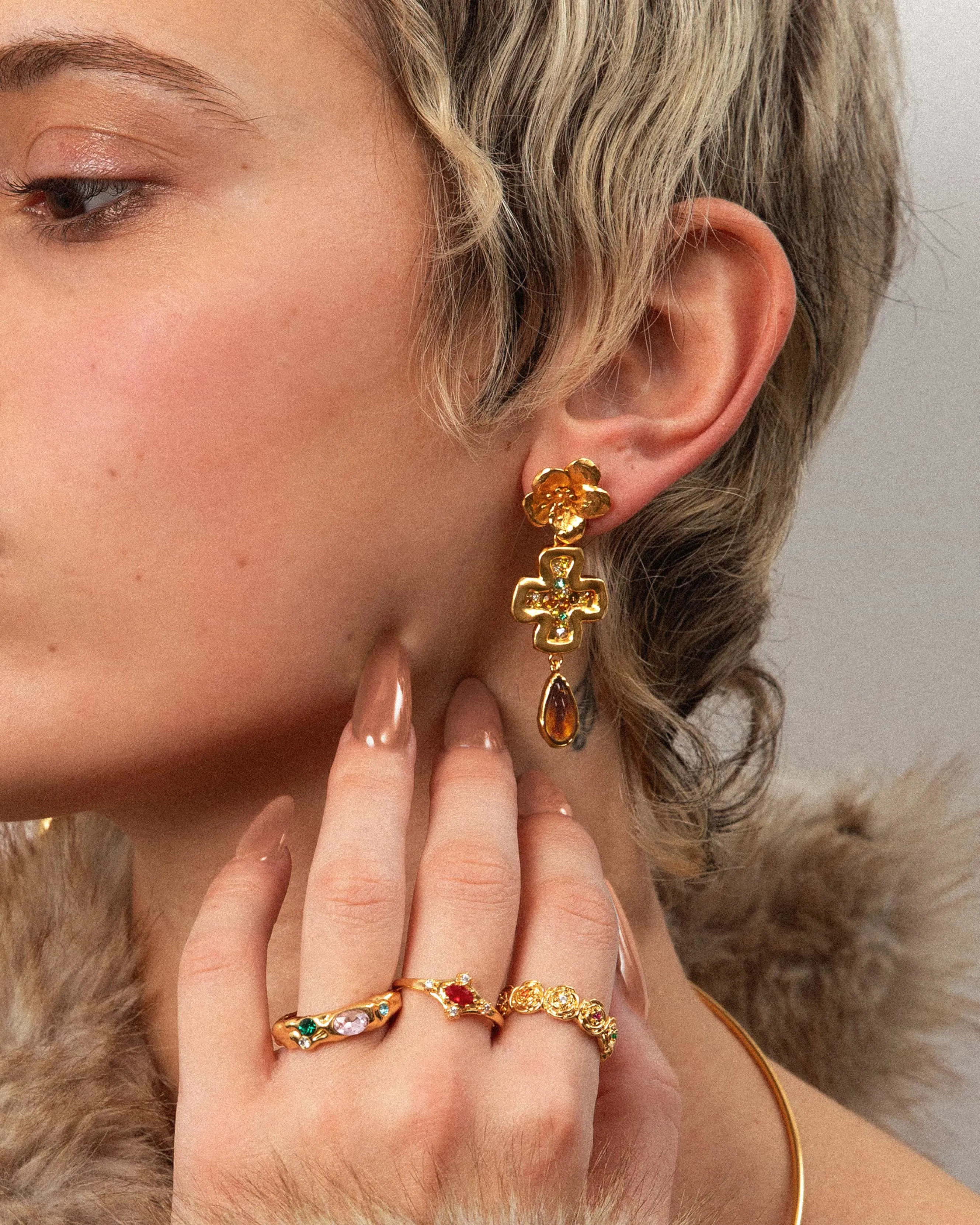 Amber Dew Floral Cross Earrings