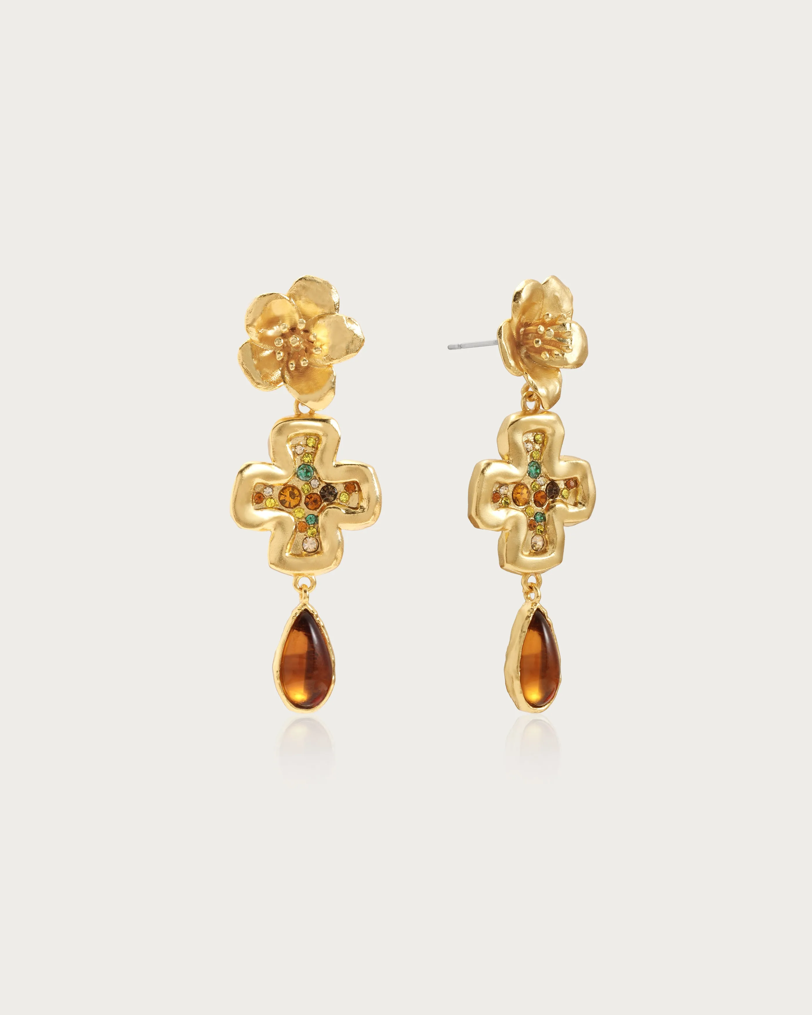 Amber Dew Floral Cross Earrings