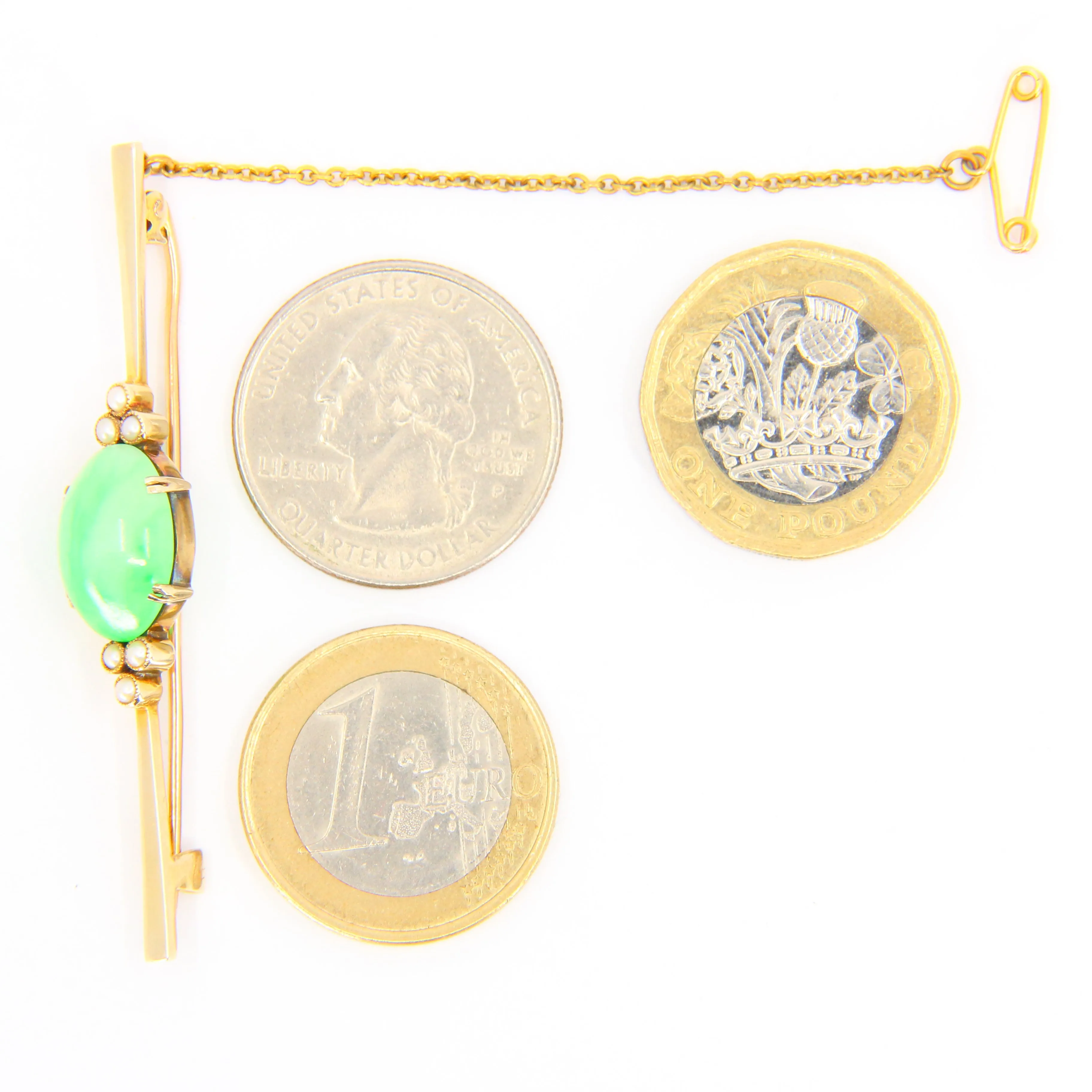 Antique 9ct Gold Edwardian Pearl & Green Hardstone Brooch ?C Boxed Gift