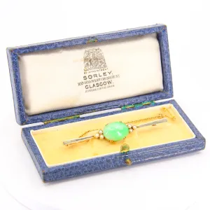 Antique 9ct Gold Edwardian Pearl & Green Hardstone Brooch ?C Boxed Gift