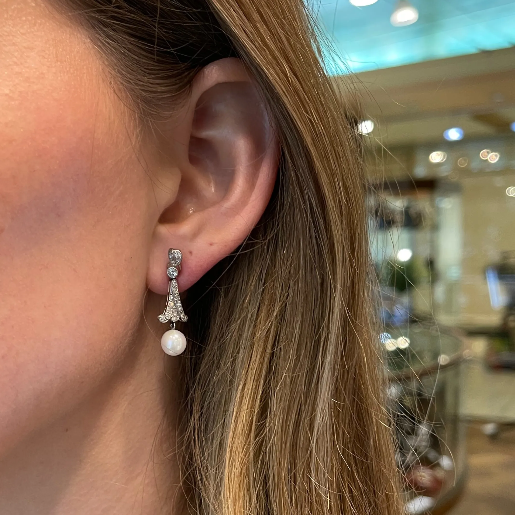 Antique Art Deco Diamond, Pearl Drop Earrings