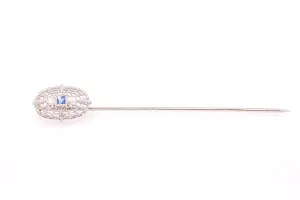 Antique Diamond & Sapphire Filigree Lapel Stickpin 14k 585 White Gold