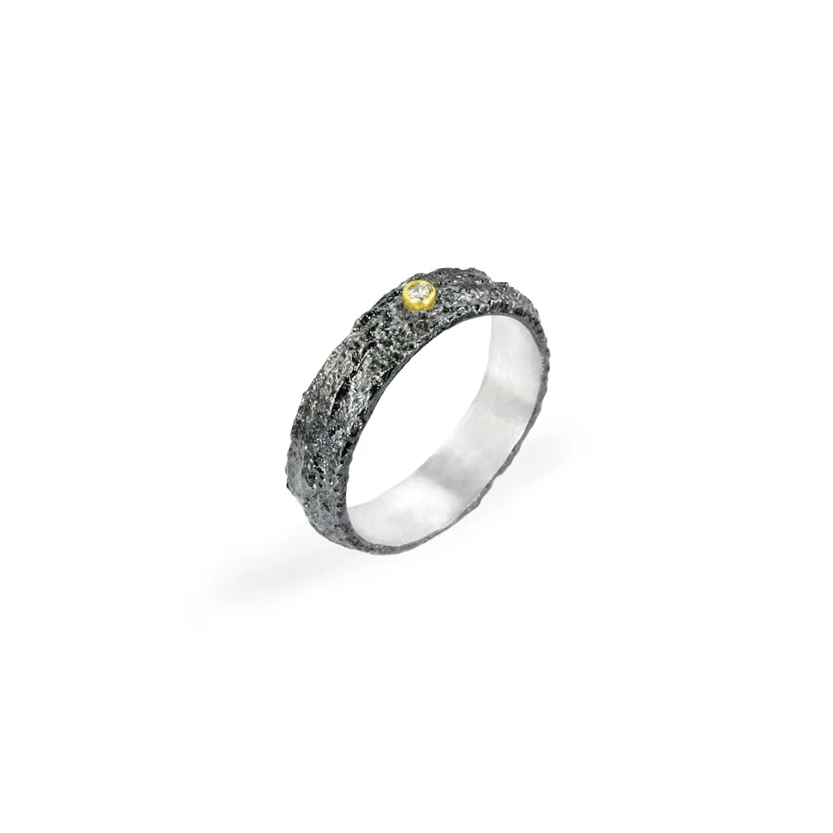 Apostolos 5.5 mm Wide Textured Oxidized Silver Ring with Diamond and 18K Gold