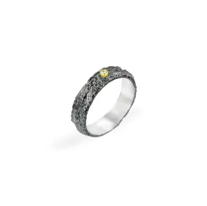 Apostolos 5.5 mm Wide Textured Oxidized Silver Ring with Diamond and 18K Gold