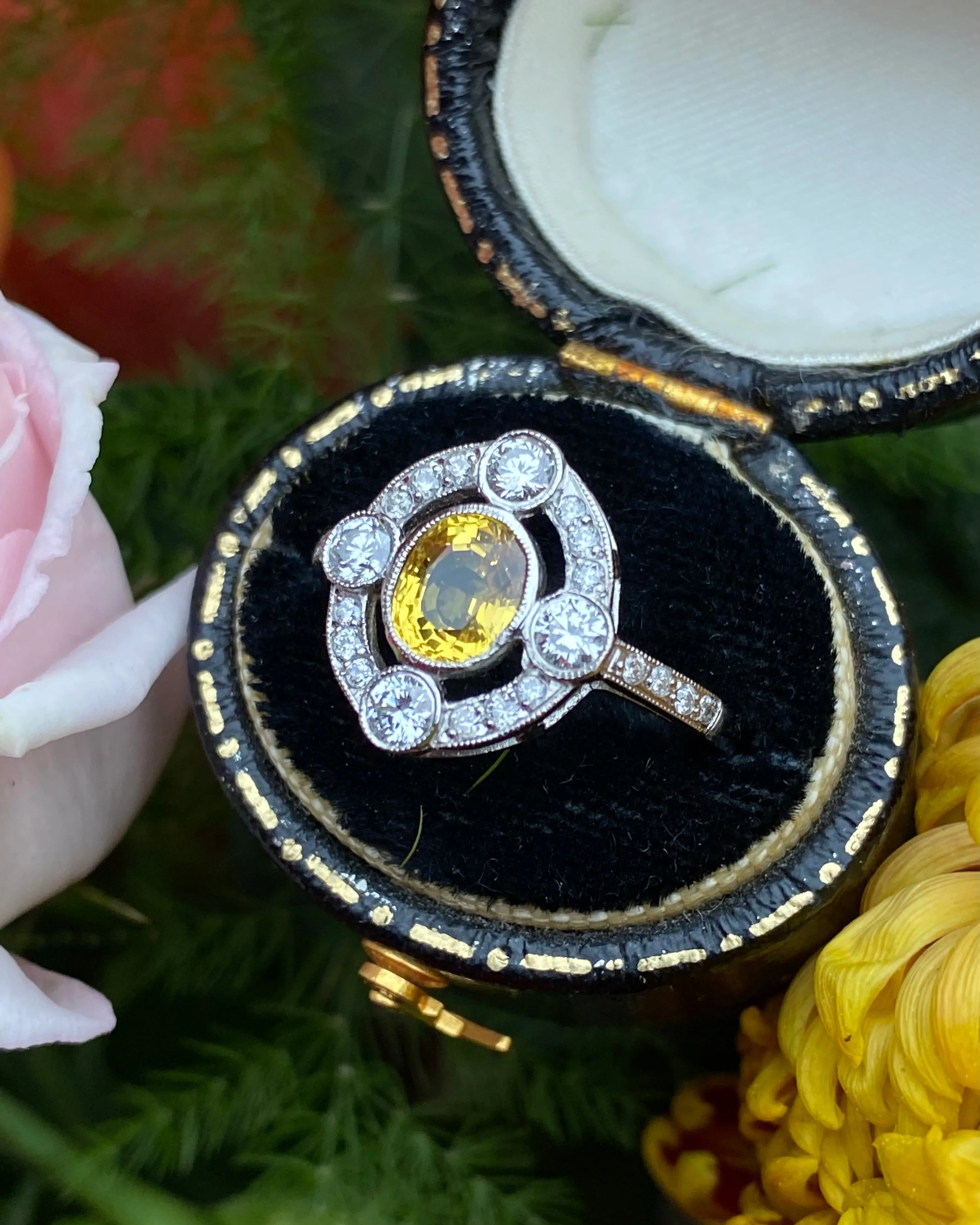 Art Deco Yellow Sapphire and Diamond Platinum Ring 0.35ct   1.10ct