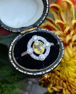Art Deco Yellow Sapphire and Diamond Platinum Ring 0.35ct   1.10ct
