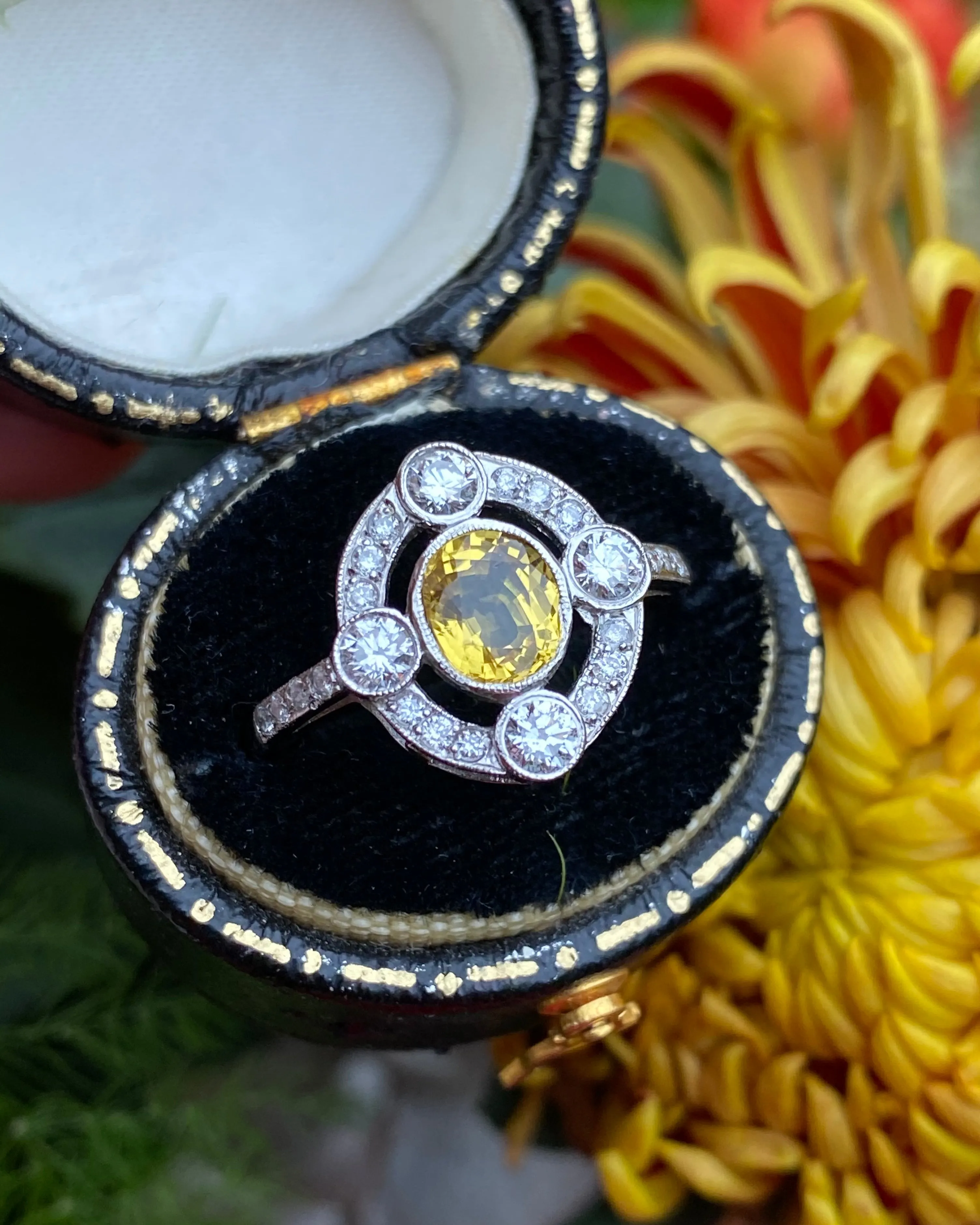 Art Deco Yellow Sapphire and Diamond Platinum Ring 0.35ct   1.10ct