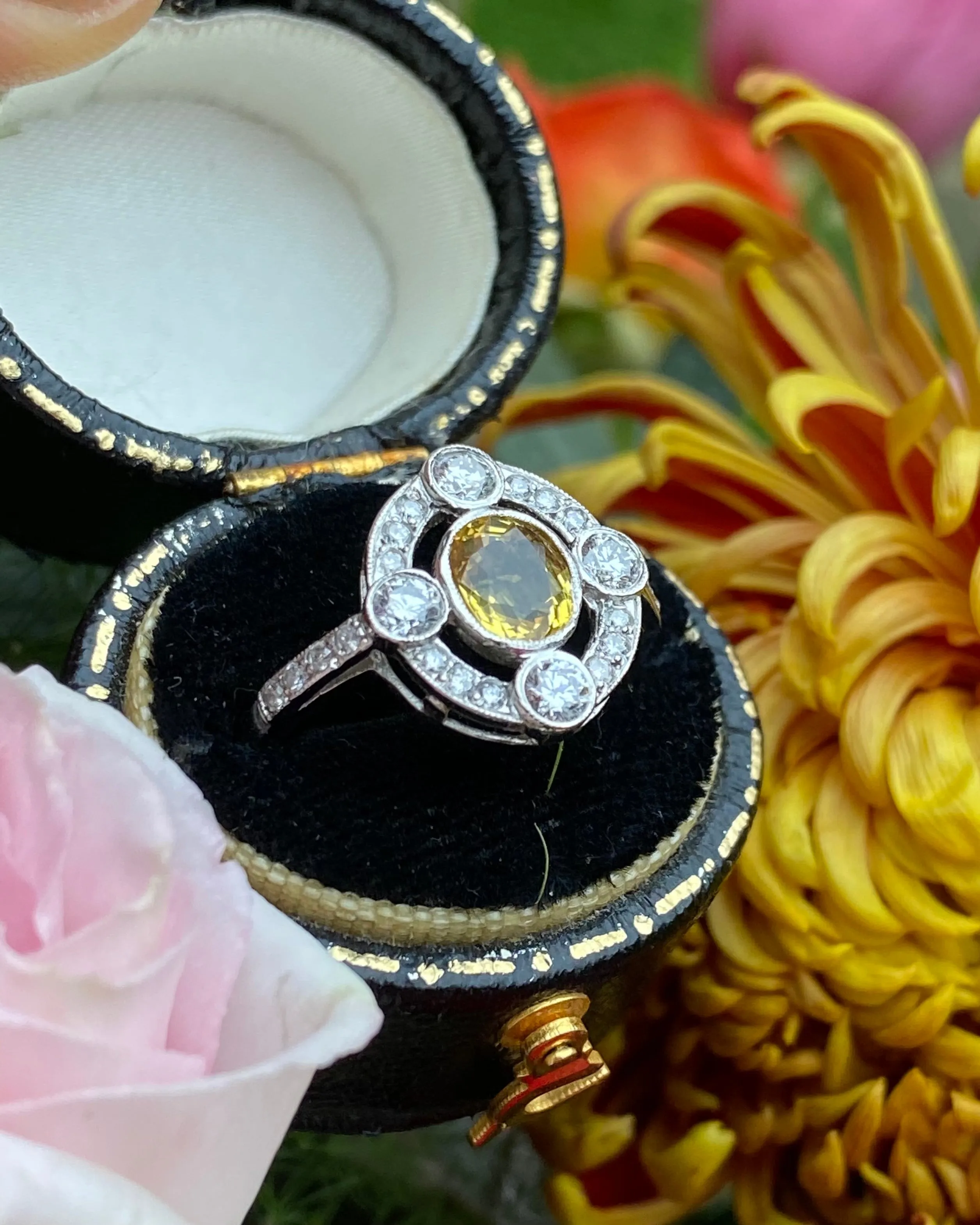 Art Deco Yellow Sapphire and Diamond Platinum Ring 0.35ct   1.10ct