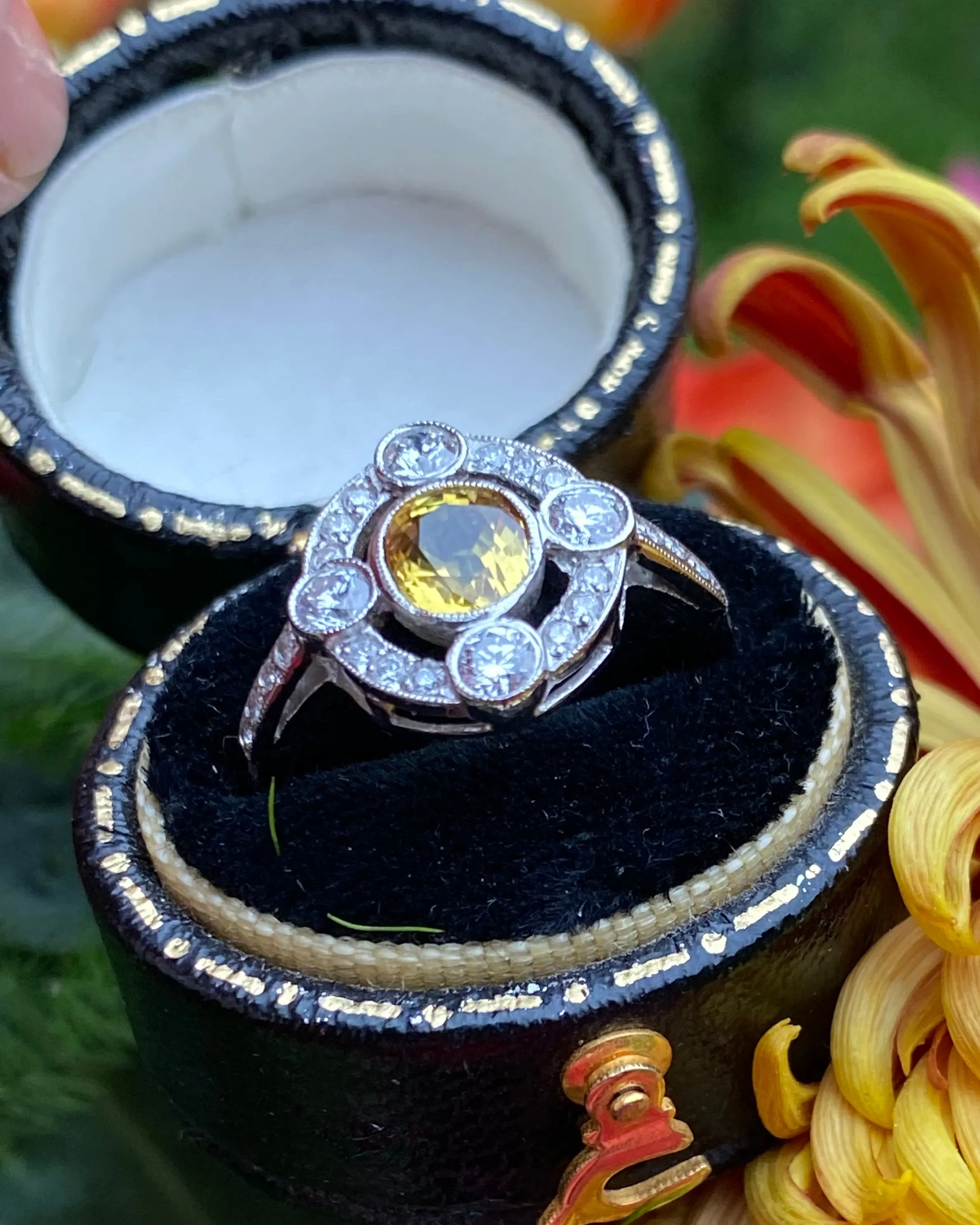 Art Deco Yellow Sapphire and Diamond Platinum Ring 0.35ct   1.10ct