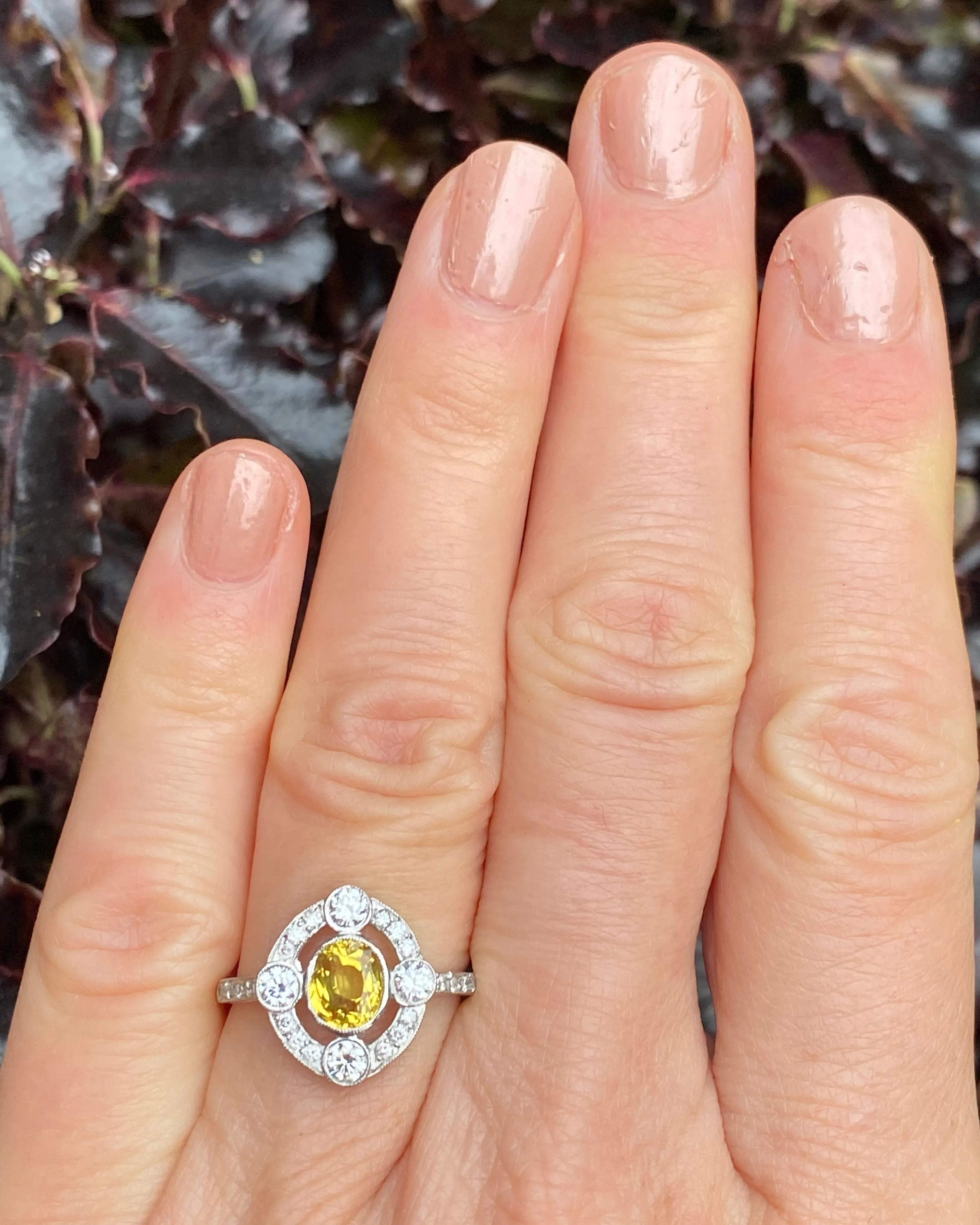 Art Deco Yellow Sapphire and Diamond Platinum Ring 0.35ct   1.10ct