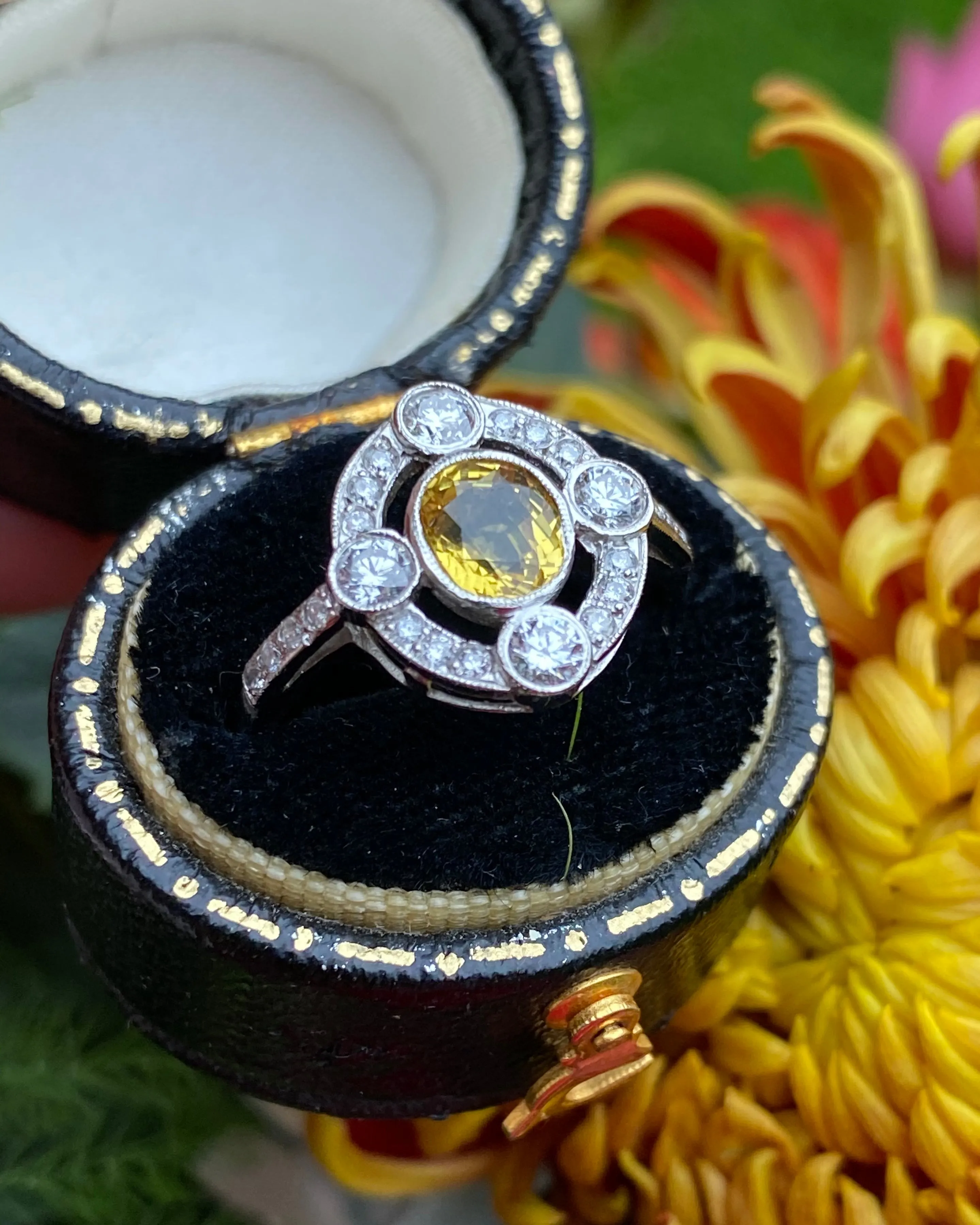 Art Deco Yellow Sapphire and Diamond Platinum Ring 0.35ct   1.10ct