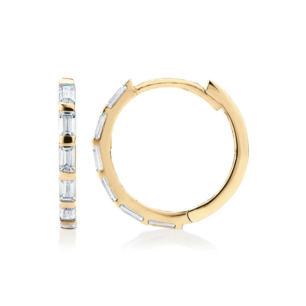 Baguette hoop earrings with diamond simulants in 10 carat yellow gold
