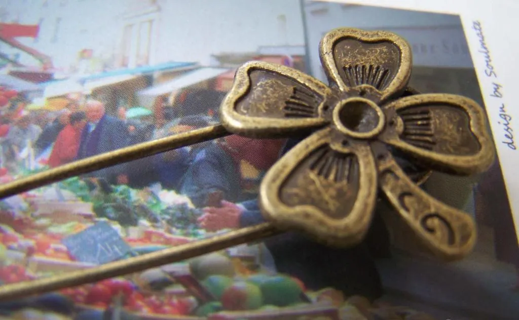 Bronze Shawl Pin Lucky Flower Brooch Set of 4 A580